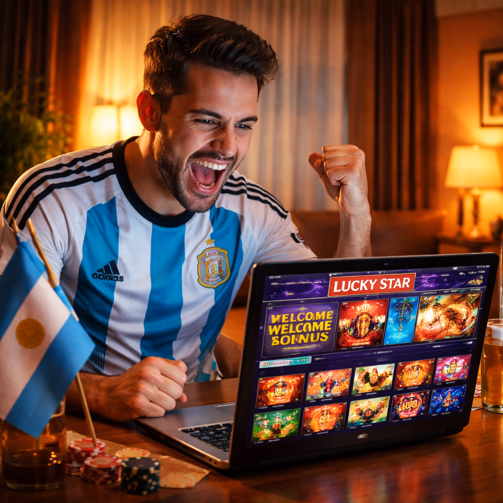 An excited Argentine player celebrating a successful session on Lucky Star with bright game visuals on screen.