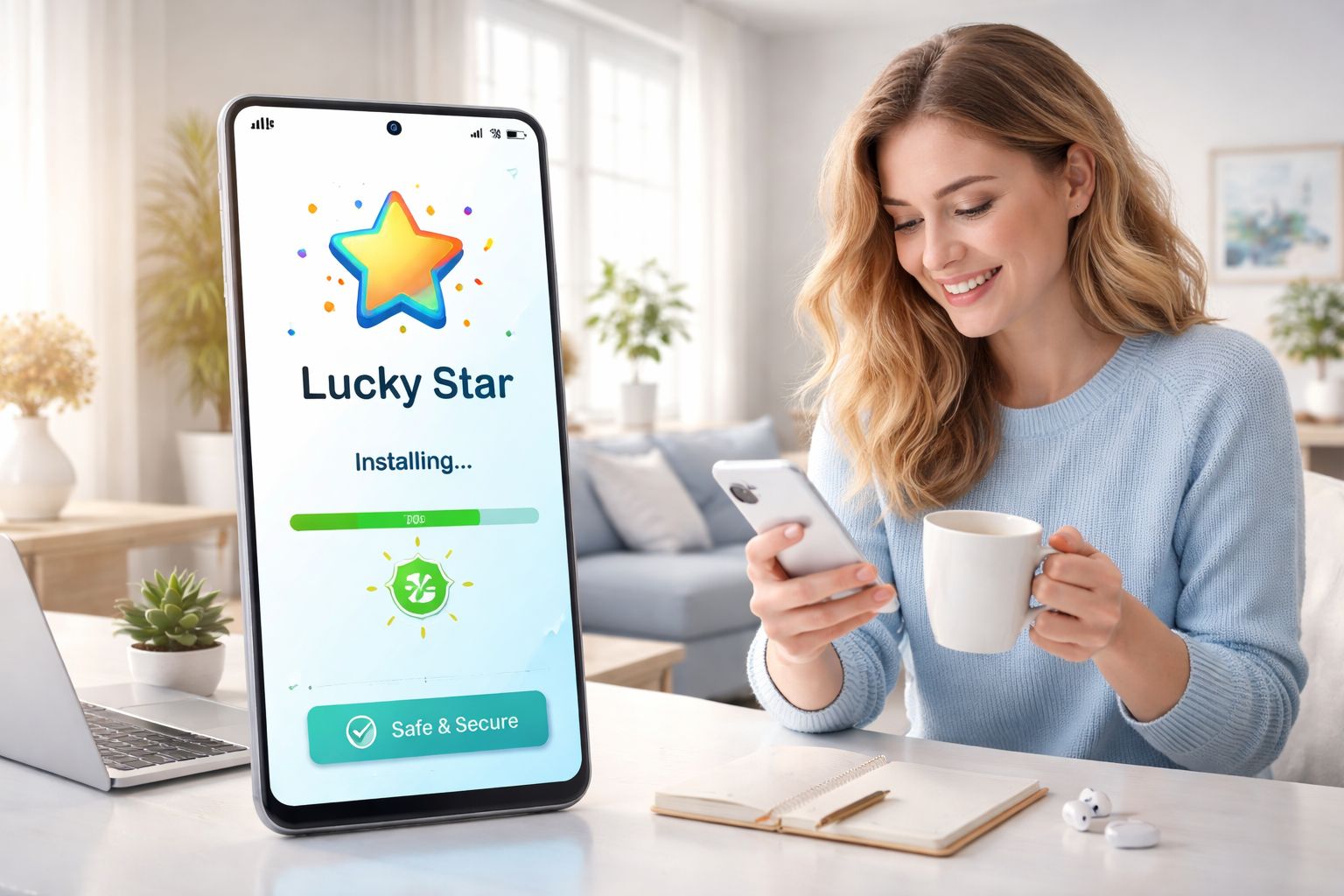A smiling woman installing the Lucky Star APK on her Android phone in a modern indoor setting with bright mobile interface details.