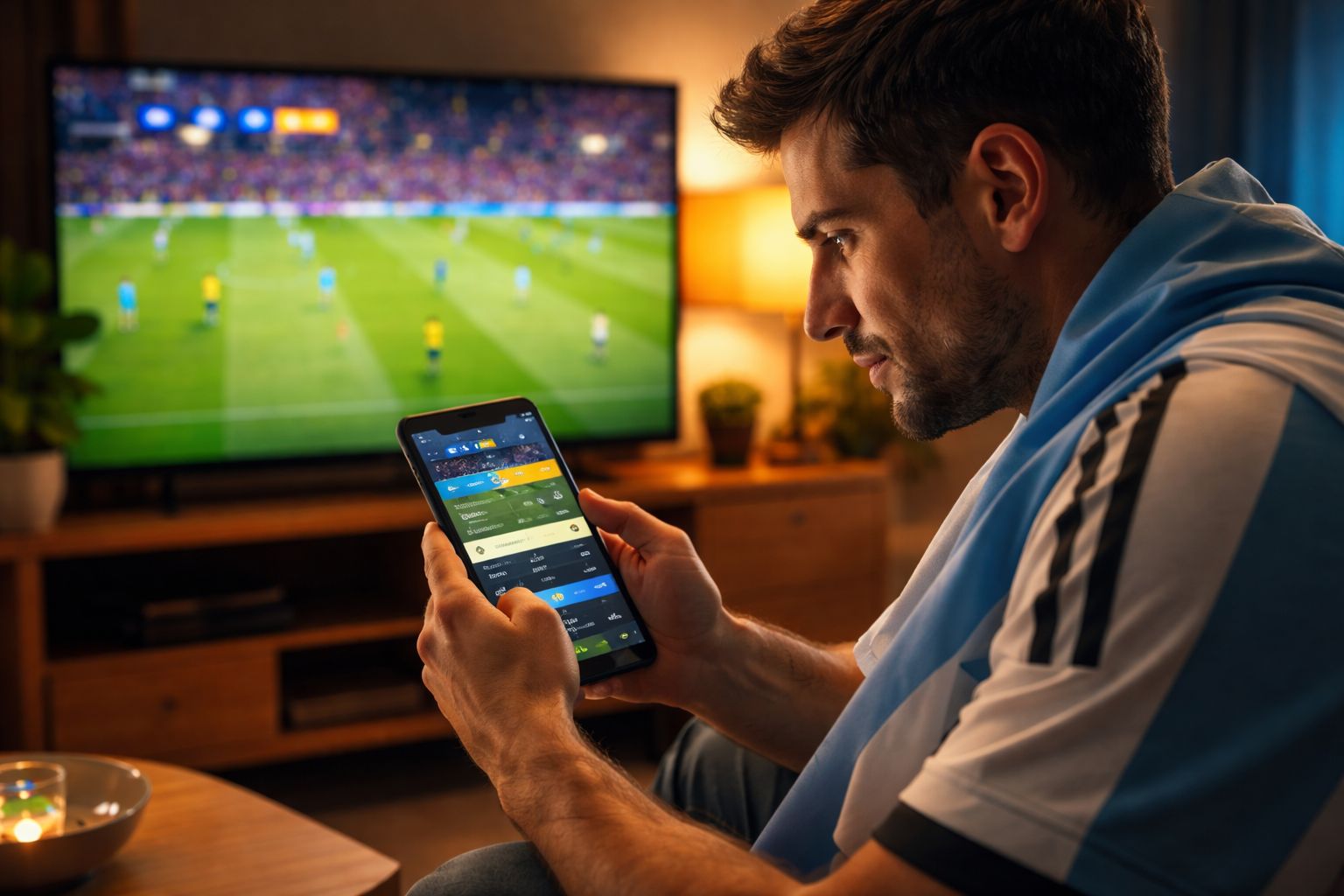 An Argentine bettor using a smartphone to follow live odds and place an in-play sports wager on Lucky Star.
