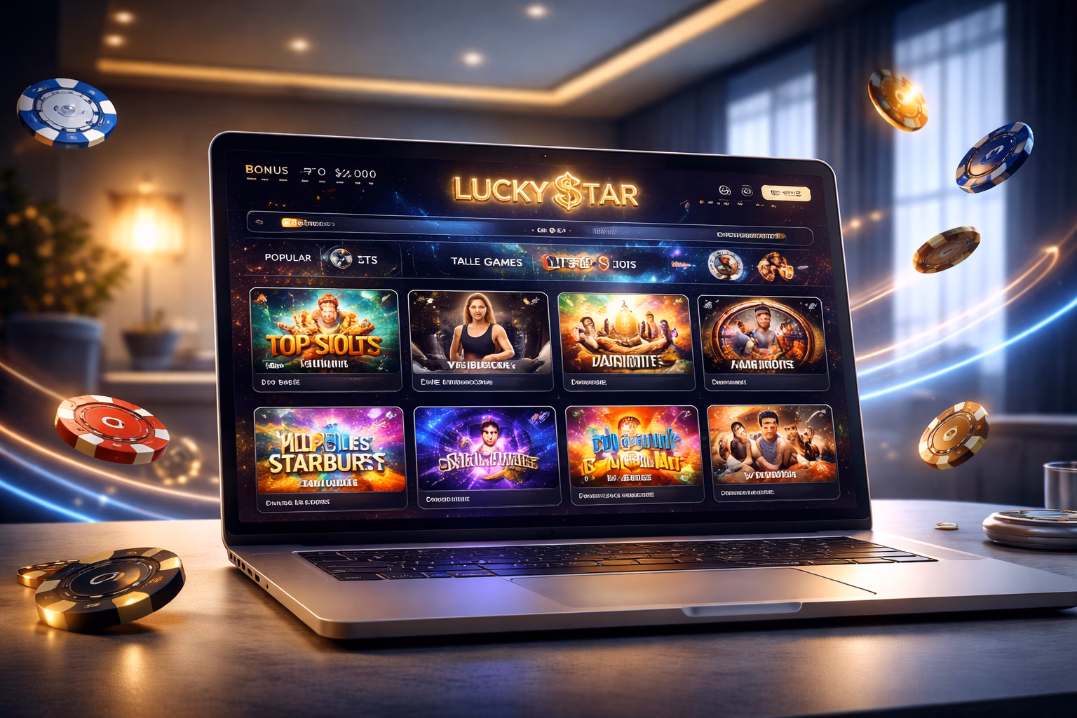 Modern Lucky Star interface displaying multiple game tiles and easy category navigation