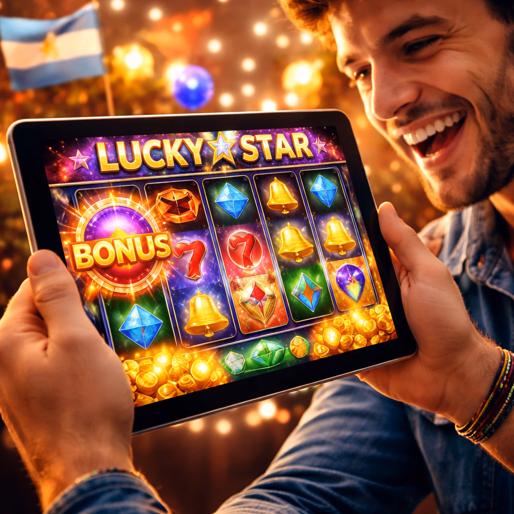 A happy player in Argentina using a tablet to enjoy Lucky Star slot games with colorful reels and a visible jackpot celebration.